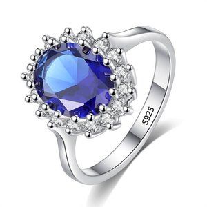 Princess Diana Inspire Cut 3.2ct Blue Sapphire Ring with S925 Silver Band Size 7